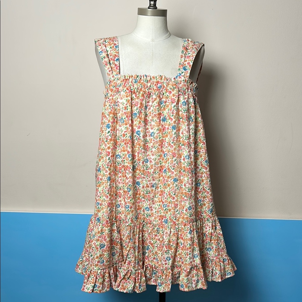 Aqua Bloomingdales floral eyelet spring pastel square neck layered sundress S
